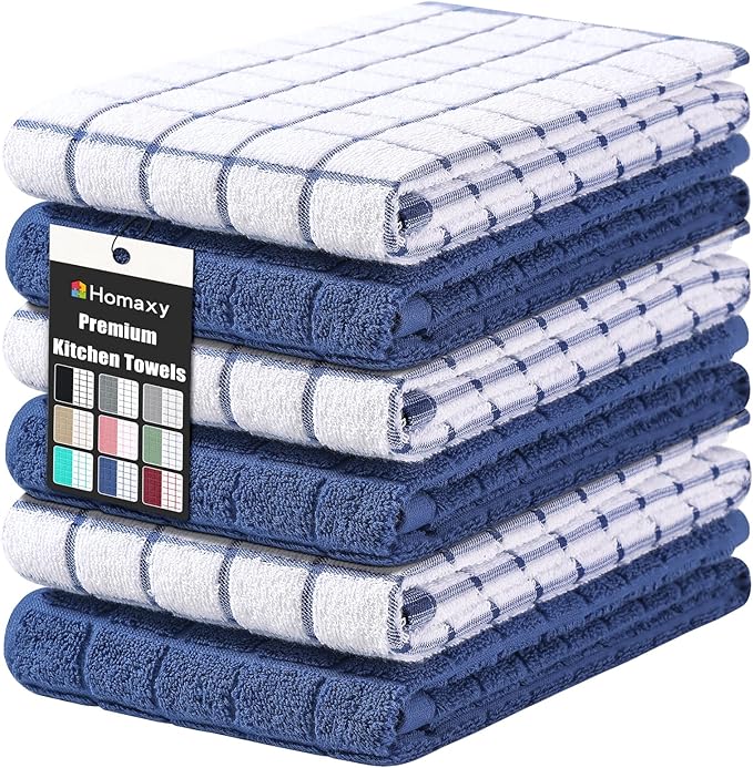 Homaxy Premium Cotton Kitchen Towels 16"x 28", Large Natural Ring Spun 390 GSM Dish Towels, Super Absorbent Terry Kitchen Hand Towels, Soft Tea Towels with Hanging Loop, Navy Blue Check Design, 6 Pack