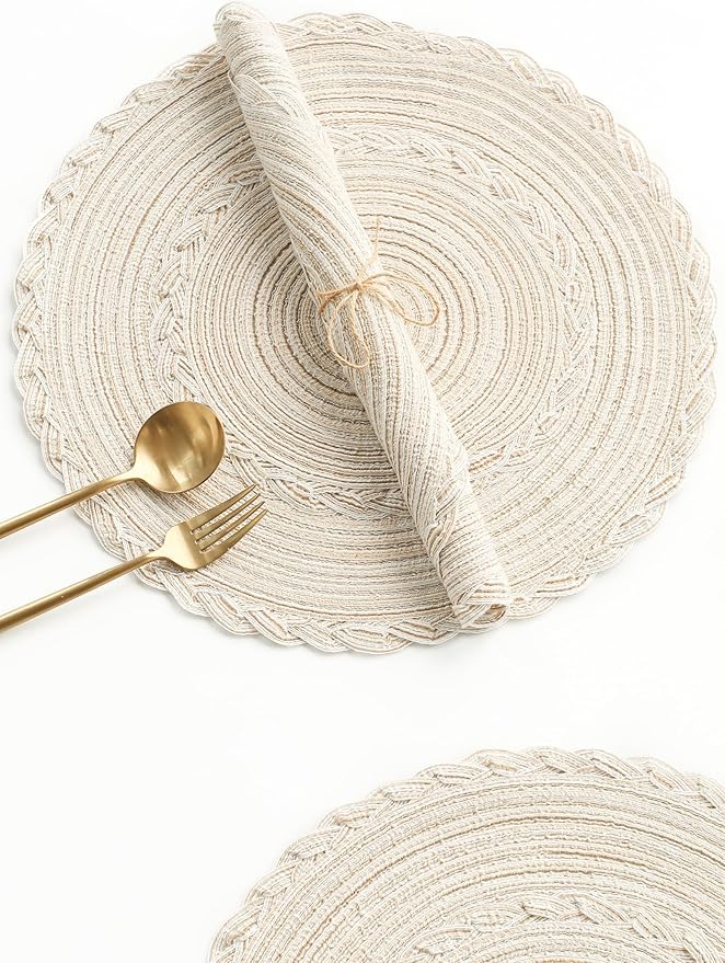 Floroom 15 Inch Round Braided Placemats Set of 4, Washable Heat Resistant Cotton Polyester Circle Boho Place Mats for Kitchen Dining Table - Canvas Beige Bordered
