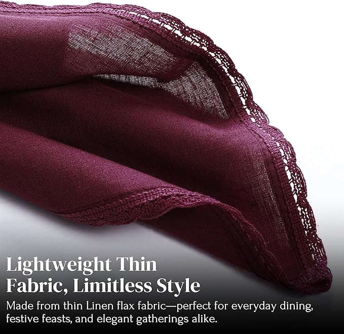 Ramanta Home Linen Flax Cloth Napkins Set of 24 Burgundy, 18x18 Inch | Easter Premium Cotton Linen Flax Lace Soft & Durable | Washable Ideal for Spring Basket Décor, Wedding, Kitchen, Everyday Use