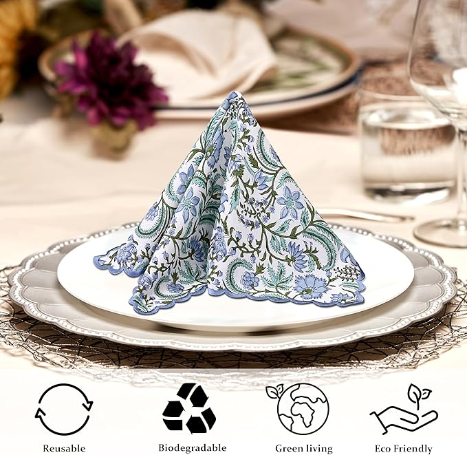 Ridhi Hand Block Print Columbia Blue 18" x 18" (Set of 4) Embroidery Table Napkins Reusable Cotton Dinner Napkins for Weddings, Parties, Everyday Dining Gift for Spring, Easter, Valentine