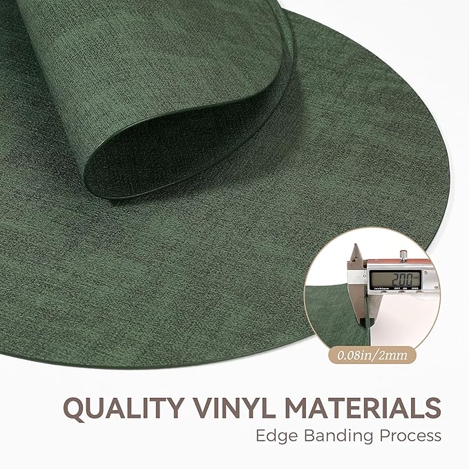 13" Round Placemats Set of 12, Reversible Faux Leather Heat Resistant Table Mats, 100% Waterproof Oilproof Wipeable Table Protective Placemats for Vinyl, Washable for Indoor (12, Dark Green)