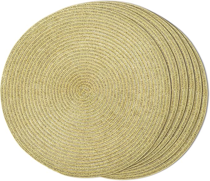 FunWheat Round Braided Placemats Set of 6 Table Mats for Dining Tables Woven Washable Non-Slip Place mats 15 inch(Shining Gold, 6pcs)