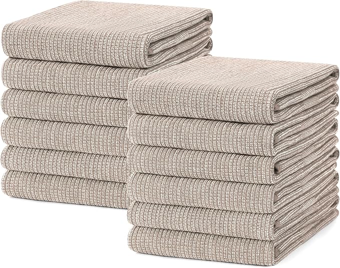 Mordimy Premium Kitchen Towels 12 Pack (18 x 28 Inches, Khaki), Large Cotton Kitchen Hand Towel, Flat & Terry Dish Towels for Drying Dishes, Super Absorbent Tea Dishtowels Set with Hanging Loop