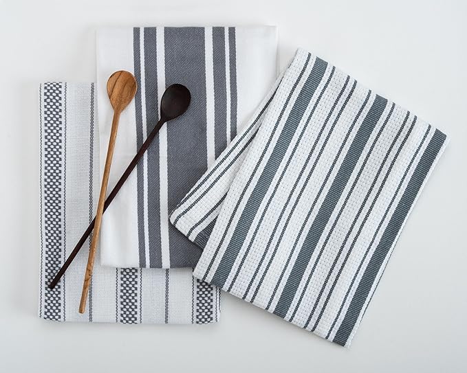 Kitchen Towels Set – Pack of 3 (20’’ x 30’’) Extra Large Premium Cotton Dish Towels for Kitchen – Absorbent – 100% Cotton – with Hanging Loop – Dark Grey Multi Design Striped