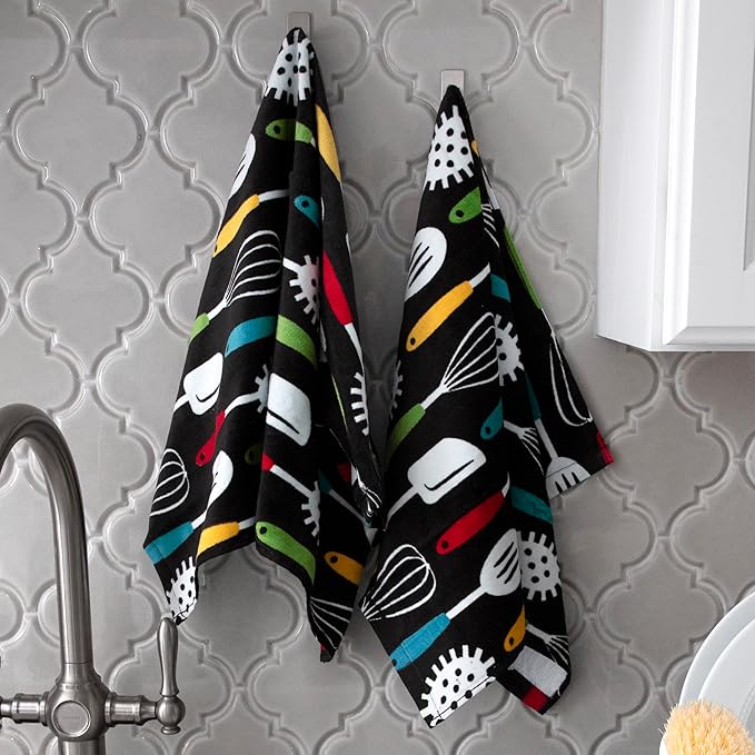 T-Fal Fiber Reactive Print Kitchen Towels: Highly Absorbent, Super Soft - 100% Cotton, 16"x28" Dish Towels for Cleaning & Drying Dishes, Pans, Glassware, or Countertops, 2-Pack, Utensiles