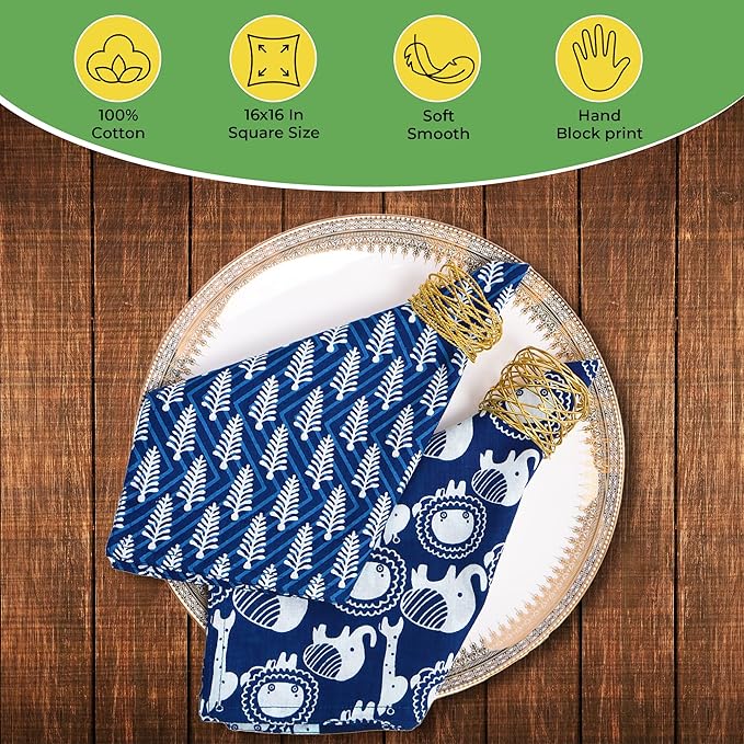 DIYANAIMPEX 10 Pc Cotton Cloth Napkins Hand Block Print Hand Made Size 16x16 Inch Printed Home Decor Indian Eco Friendly Mix Lot Dinner Napkins (Blue)