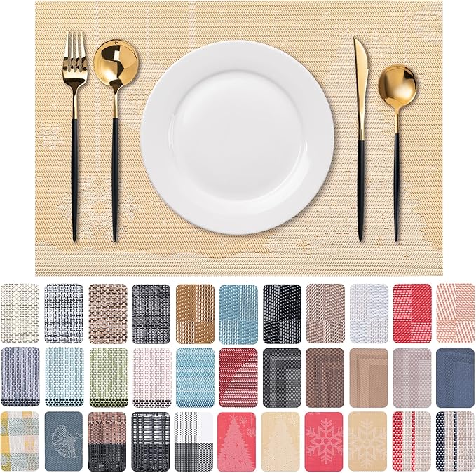 CADONO Placemats Set of 6 Washable Indoor/Outdoor Vinyl Place Mats for Dining Table Durable Non-Slip Heat Resistant PVC Weave Table Mats（Christmas Tree-Gold）