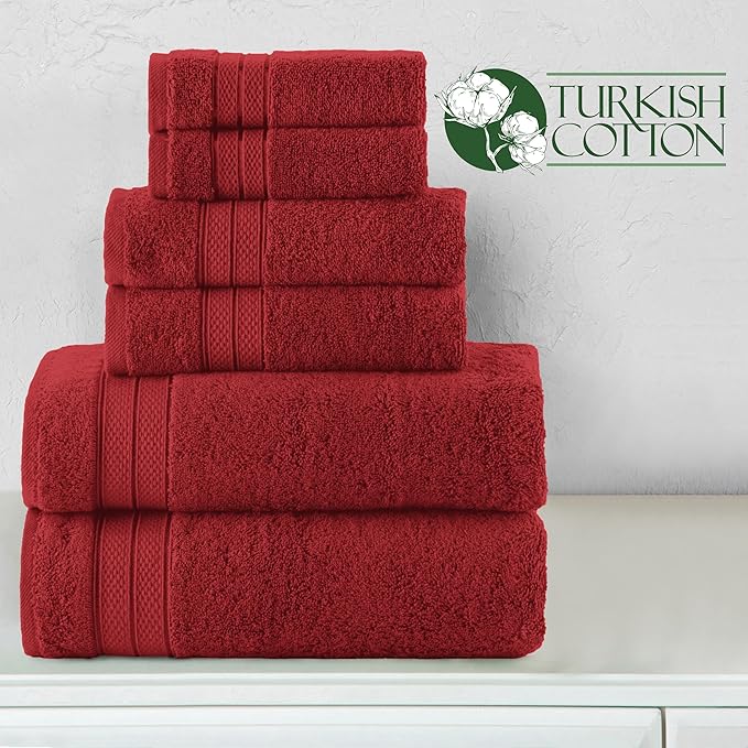 Elegant Comfort Luxury 6-Piece Towel Set, Premium Soft 100% Turkish Cotton, Three Line Popcorn Design 2 Bath Towels, 2 Hand Towels and 2 Washcloths Towel Set - Quick-Drying and Absorbent, Burgundy