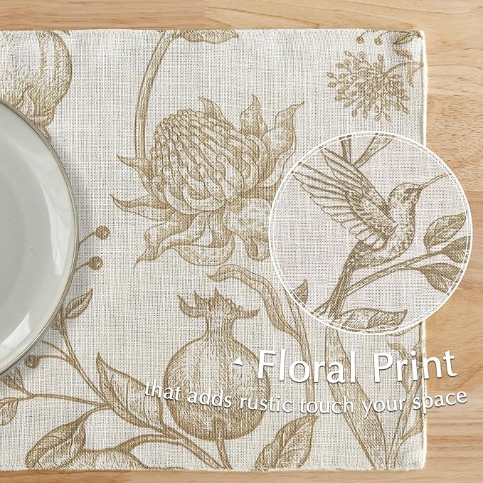 JINCHAN Linen Floral Placemats Set of Cloth Table Mats Rustic Cottagecore Botanical Outdoor Seasonal for Kitchen Dining Decor Heat Resistant Non-Slip Washable Tablemats 13x19 Inch Tan