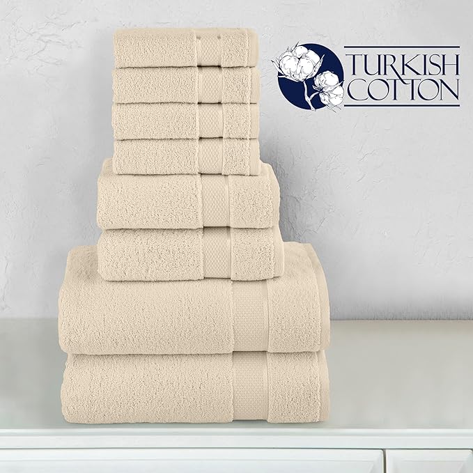 Elegant Comfort Premium Cotton 8-Piece Towel Set, Includes 4 Washcloths, 2 Hand Towels and 2 Bath Towels, 100% Turkish Cotton - Highly Absorbent and Super Soft Towels for Bathroom, Ivory