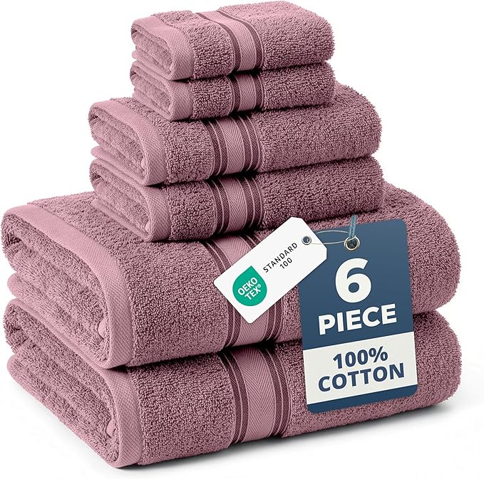 LANE LINEN Luxury Bath Towel Set - 6 Piece Set, 100% Cotton Bathroom Towels, Zero Twist, Quick Dry Shower Towels, Absorbent Towel, 2 Bath, 2 Hand, 2 Wash Cloths - Wishful Mauve