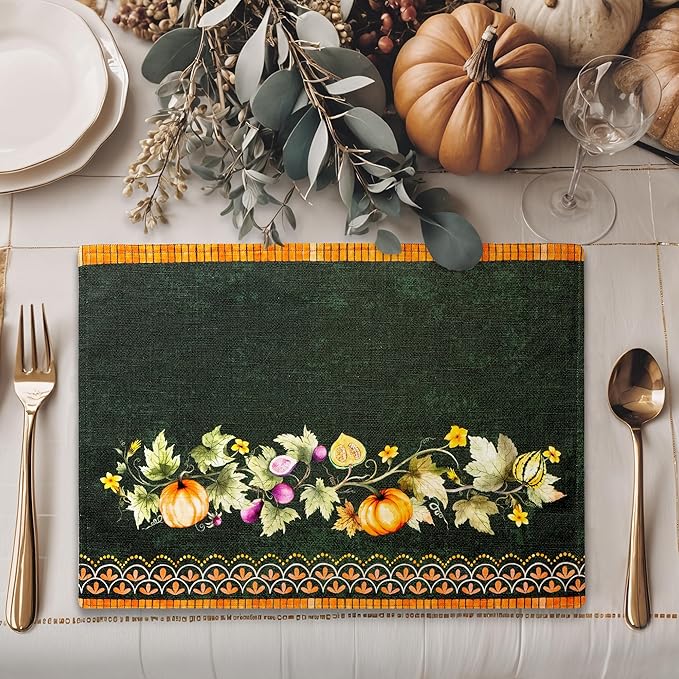 Maison d' Hermine Placemats Set of 4 100% Cotton Washable Cloth Place Mats, Reusable Table Mats for Thanksgiving Christmas Decorations Kitchen Dining Party (Pumpkin Garden - Dark Green, 13" x 19")