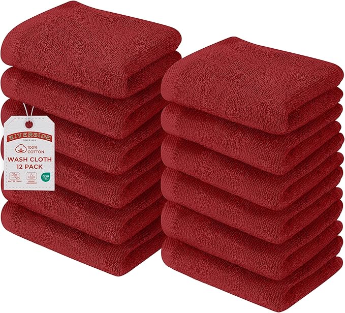 RIVERSIDE Pack of 12 Washcloths, 12 x 12 Inches, 100% Cotton, Premium Flannel Face Cloths, Highly Absorbent & Soft Feel Fingertip Towels (Classic Red, 12 Pack)