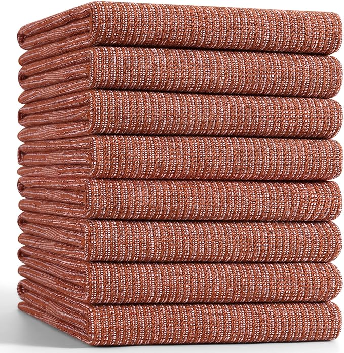 Mordimy Premium Kitchen Towels 8 Pack (18 x 28 Inches, Rust), Large Cotton Kitchen Hand Towel, Flat & Terry Dish Towels for Drying Dishes, Super Absorbent Tea Dishtowels Set with Hanging Loop