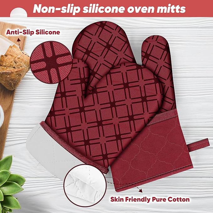 Oven Mitts and Pot Holders Set with Dishcloths, 500 Degree Heat Resistant Oven Gloves and Hot Pads, Premium Soft Cotton Kitchen Mittens and Dish Cloth Sets-Red
