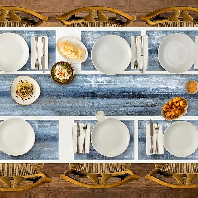 Blue and Gray Table Runner and Placemats Set of 6 Farmhouse Washable Linen Place Mats Rustic Abstract Art Table Decor for Kitchen Dining Coffee Outdoor Party (Blue and Gray, 13"x71"+12"x18")
