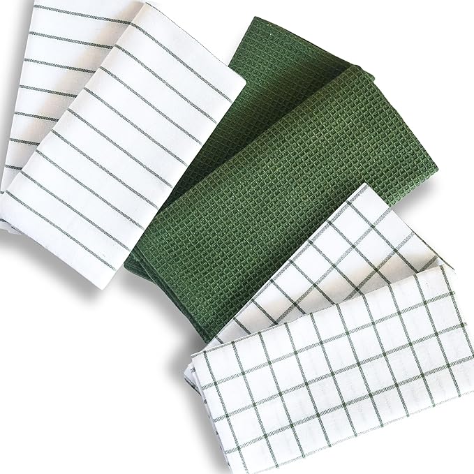 Cotton Dish Towels For Kitchen Drying - Highly Absorbent Wide Sage Green Striped Plaid Tea Towels - 18"X28" Set Of 6 Farmhouse Linen Dishtowels In Bulk - Pano De Prato Para Cozinha - T Towles Towls