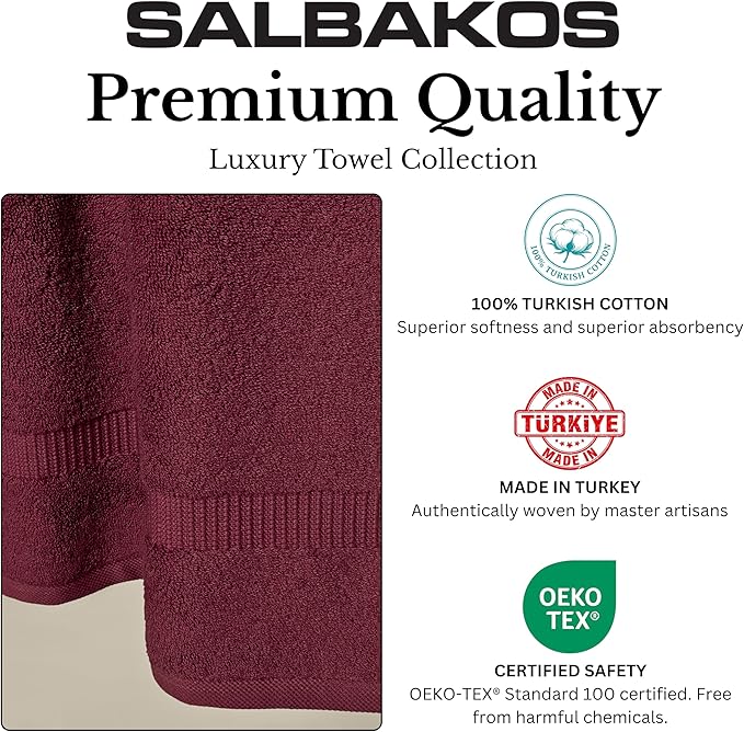 SALBAKOS 100% Turkish Cotton Washcloth Set of 12, 13x13 inch | Premium Quality | Hotel & Spa Collection | Ultra Soft, Super Absorbent, Wash Cloth Towels | Made in Turkey (Wine, 12 Washcloths)