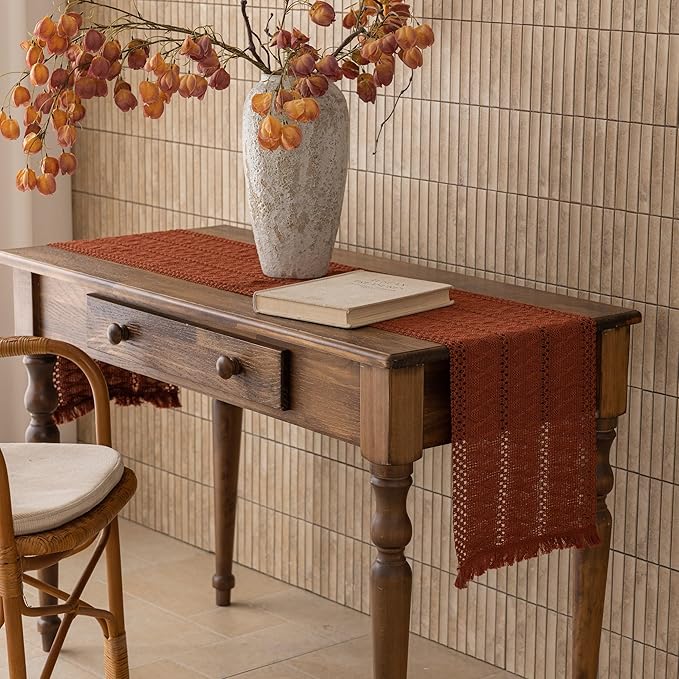 Keketoarrange Boho Rust Table Runner for Home Decor 12x72 Inches Farmhouse Macrame Burlap Jute Rustic Dining Kitchen Centerpiece Bohemian Decor French Country Baby Bridal Shower Decorations