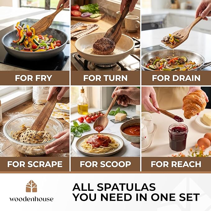 Wooden Spatula for Cooking - Non-Scratch, Sturdy, Natural Teak Cooking Utensils - Easy to Clean Wooden Spatula Set with Turner, Scraper, Slotted & Frying Wood Spatulas, Jar Scraper, Spoonula - 6 Pcs
