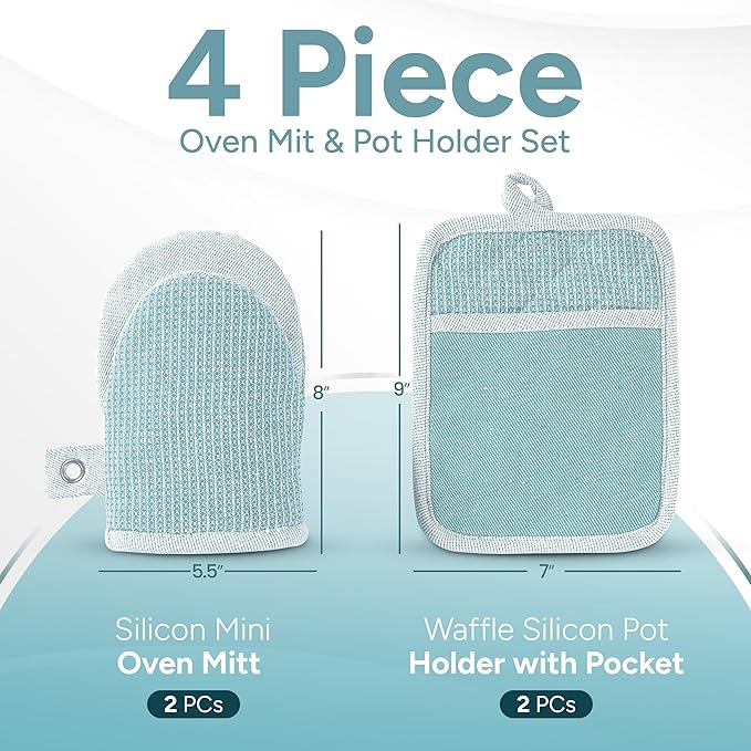 Casa Platino Silicone Oven Mitts & Pot Holders, 4-Piece – Oven Mitt for Baking & BBQ, Pot Holder for Kitchen, Hot Dishes & Microwave – Heat Resistant Up to 500°F, Non-Slip & Machine Washable – Aqua