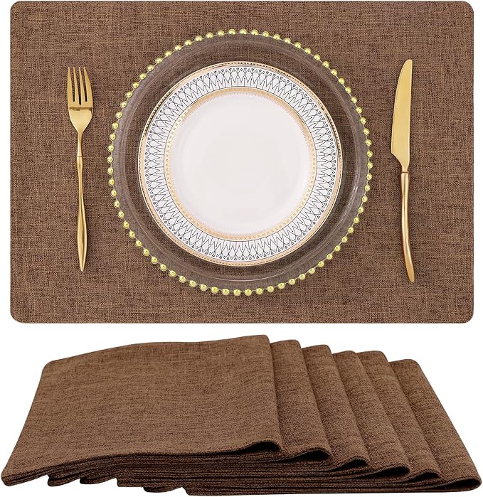 homing Cotton Linen Placemats Set of 6, Cloth Washable Farmhouse Dining Table Mats for Indoors & Outdoors, Easy to Clean, Brown, 13 x 19 Inch