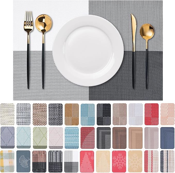 Placemats Set of 6 Washable Indoor/Outdoor Vinyl Place Mats for Dining Table Durable Non-Slip Heat Resistant PVC Weave Table Mats(Black White)