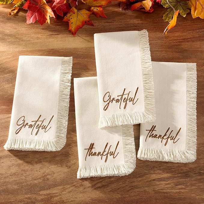 Elrene Home Fashions Fringed Harvest Sentiment Cotton Napkins, Set of 4, 17"x17", Natural