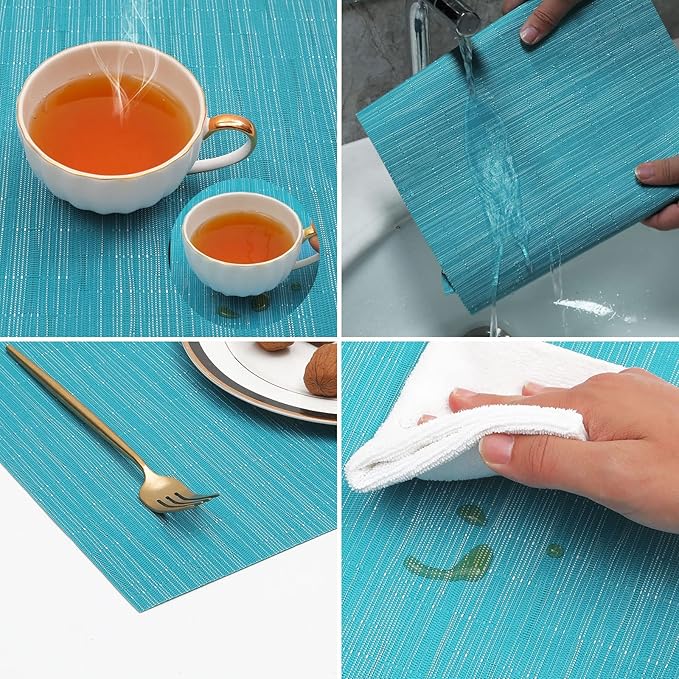 SHACOS Woven Vinyl Placemats Set of 4 Non Slip Heat Resistant Place Mats Durable PVC Stain Resistant Wipe Clean Indoor Outdoor Table Mats (4, Teal Blue)