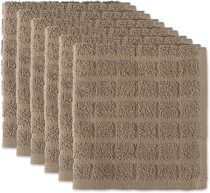 DII Basic Terry Collection Solid Windowpane Dishcloth Set, 12x12, Stone, 6 Piece