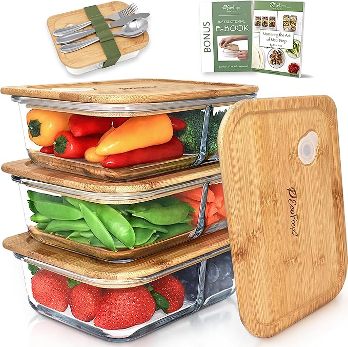 EcoPreps Glass Meal Prep Containers with Bamboo Lids, 2 Compartment Glass Bento Box Container Set (3 Pack) | 100% Plastic Free, Eco-Friendly, Lunch Containers with Lids Made of Bamboo - Set of 3