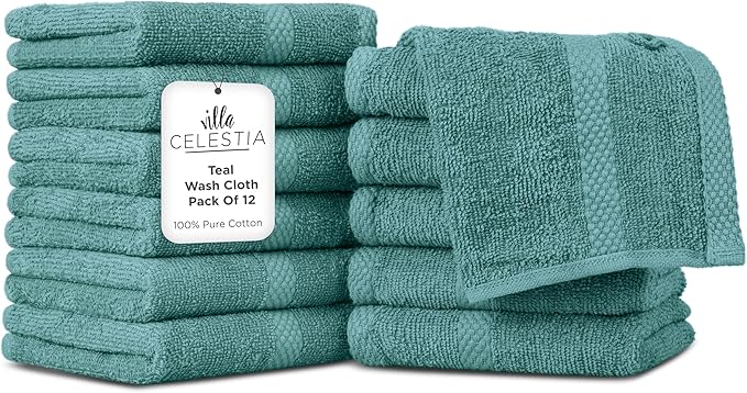 100% Cotton Wash Cloth for face & Body Set of 12, (12 x 12 inches) Sustainable, Soft, Highly Absorbent, Combed Cotton Wash Cloths Pack of 12 for Hotels, Spa, Bathroom, Dorm, Teal