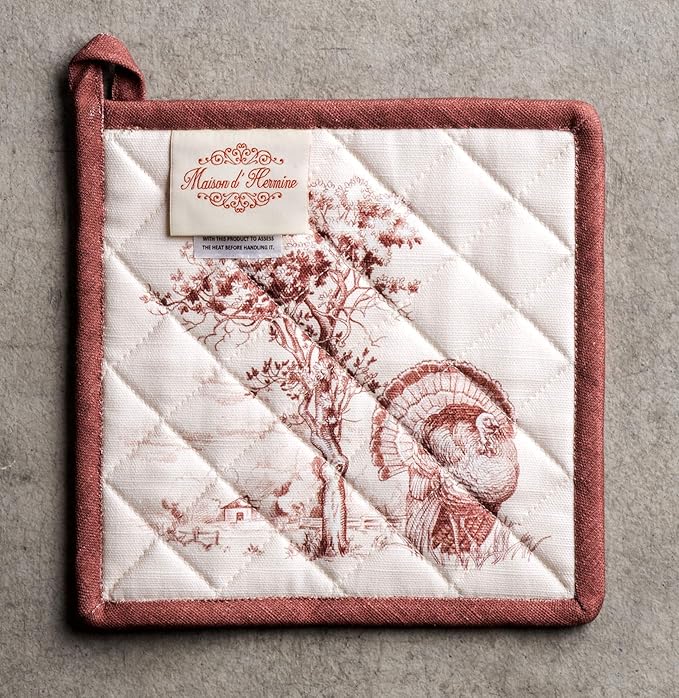 Maison d' Hermine Pot Holders Set 100% Cotton Heat Resistant Potholders 8" x 8" Hot Pads with Loop for Thanksgiving Christmas Decorations BBQ Baking Handling Hot Pans (Pack of 2, Holy Jouy - Brown)