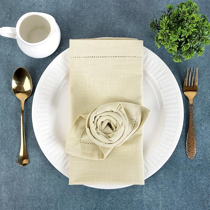 FINGERCRAFT Cloth Napkins, Hemstitched Napkins Cloth, 20 x 20 Inch Generous Picot Hem and Mitered Corner, Everyday Use Premium Quality Perfect for Parties Dinners Weddings Cocktail Set of 6 Beige