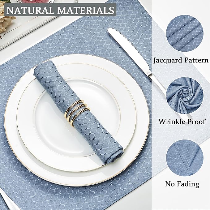 Cloth Napkins Set of 8 – Square 17x17 Inch Jacquard Fabric Polyester Washable Reusable Cloth Napkins for Kitchen Dinner Dining Restaurants Wedding Party Banquet Table (Light Blue)