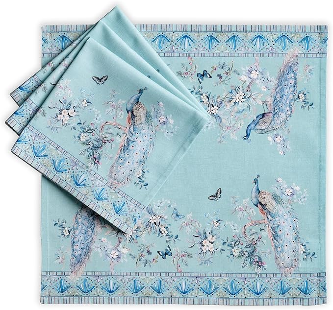 Maison d' Hermine Napkin 100% Combed Cotton Premium Set of 4 Decorative Washable Table Cloth Napkins for Dining, Home, Wedding, Banquet, Peacock Utopia - Pastel Turquoise (20”x20”)