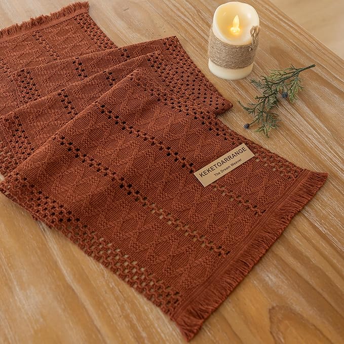 Keketoarrange Boho Rust Table Runner for Home Decor 12x90 Inches Farmhouse Macrame Burlap Jute Rustic Dining Kitchen Centerpiece Bohemian Decor French Country Baby Bridal Shower Decorations