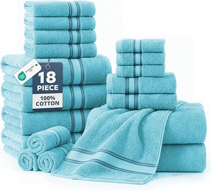 LANE LINEN Towel Sets for Bathroom - 18-Pack Zero Twist 100% Cotton Towels, 6 Bath, 6 Hand & 6 Washcloths, Soft & Highly Absorbent, Premium Hotel & Spa-Quality Design, Easy To wash - Blue