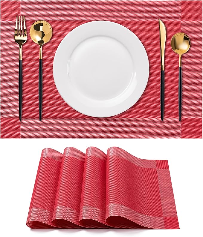 CADONO Placemats Set of 4 Washable Indoor/Outdoor Vinyl Place Mats for Dining Table Durable Non-Slip Heat Resistant PVC Weave Table Mats（Four-Corner-Red）