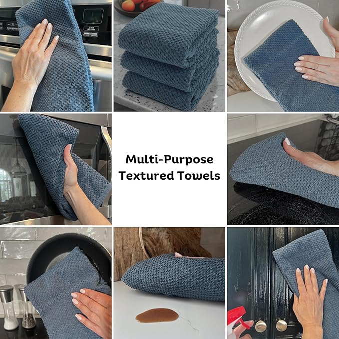 Serafina Home Teal Dark Blue Kitchen Dish Hand Towels 100% Cotton Cloth Soft Cleaning Drying Absorbent Terry: Set of 3 Multipurpose for Everyday Use Oversized 18" x 28"
