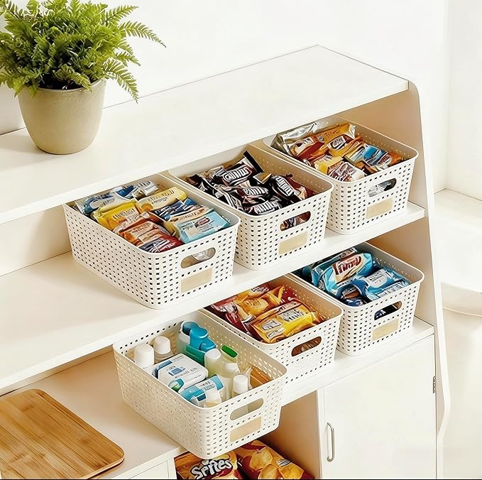 6Pcs Storage Bins with Lids, Stackable Plastic Storage Basket with Bamboo Lid, Pantry Organizer Box Small Containers for Organizing Shelves Drawer Desktop Closet Cabinet Office Classroom 10x7.1x4.1in