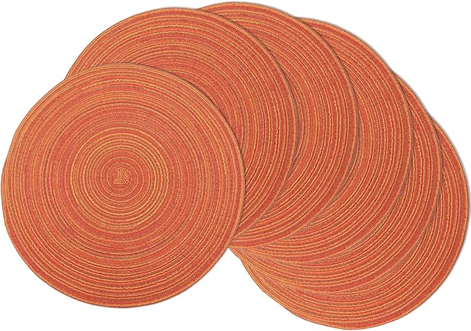 Braided Round Placemats Set of 6,Woven Washable Non-Slip Table Mats for Kitchen Dining, 14.5 Inch, Heat Resistant - Natural Fabric Indoor Outdoor Place Mats(Orange)
