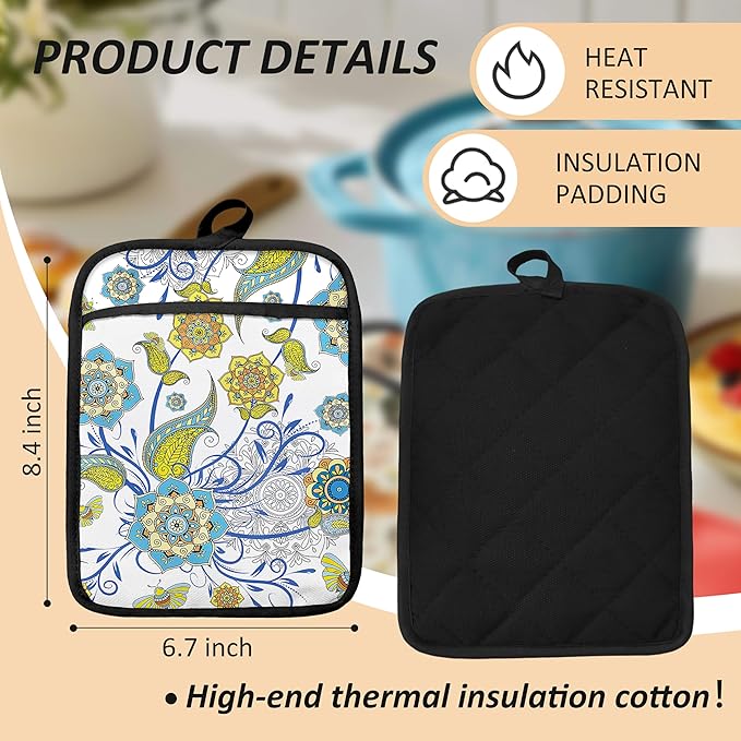 Boho Floral Oven Mitts Set, Vintage Luxury Blue and Gold Flower Floral Heat Resistant Kitchen Oven Gloves for Baking and Cooking,Pot Holders