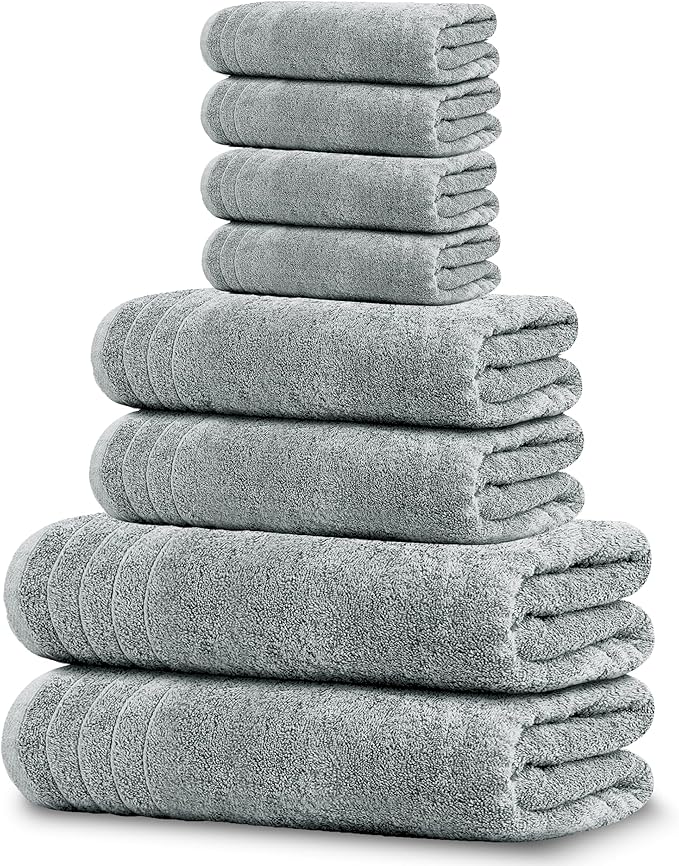 Tens Towels Pack of 8 Towels Set, 2 Extra Large Bath, 2 Hand, 4 Washcloths, 100% Cotton, Lighter Weight, Quicker to Dry, Super Absorbent, Perfect for Bathroom, Cool Grey