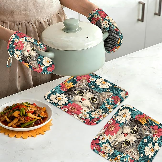 Cute Cat Oven Mitts and Pot Holders Set of 4,Blooming Colorful Flowers Kitchen Oven Glove Heat Resistant Oven Mitts with Non-Slip Silicone for Baking, Cooking, BBQ