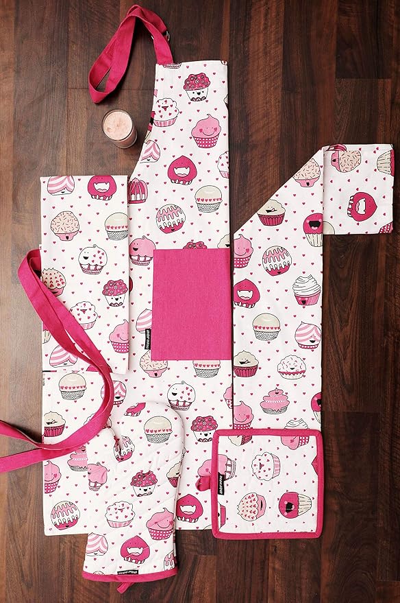 AMOUR INFINI Oven Mitts Set of 1 Quilted Liner with Hanging Loop Non Slip, Heat Resistant, Washable Reusable Oven Mitt (Valentine Cup Cake 7x13 Inches)