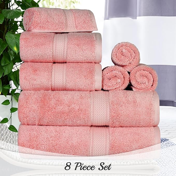 SUPERIOR Egyptian Cotton Pile 8 Piece Towel Set, Includes 2 Bath, 2 Hand, 4 Face Towels/Washcloths, Ultra Soft Luxury Towels, Thick Plush Essentials, Guest Bath, Spa, Hotel Bathroom, Tea Rose