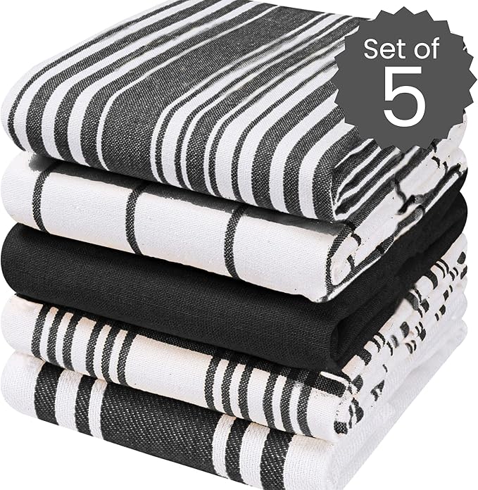 Cotton Clinic Assorted Kitchen Towels 5 Pack – Soft Absorbent Quick Drying Table & Kitchen Linen - Dish Towels, Dish Cloths, Tea Towel and Cleaning Towel with Hanging Loop – 16x28 / Black White