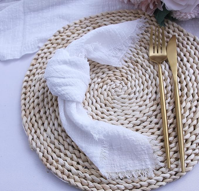 Cloth Napkins with Fringe Set of 12,100% Natural Soft Cotton,Washable Gauze Napkins Great for Weddings Decorative,Dinner Parties,Family Everyday Use (12 Pack, White)