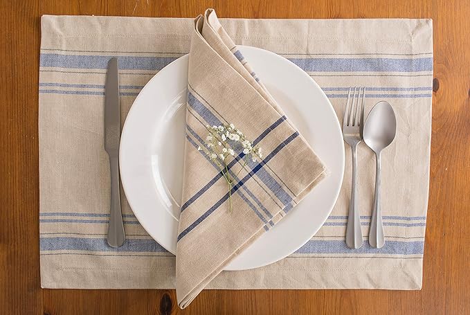 DII French Stripe Tabletop Collection Farmhouse Style Dining Table Linen Napkin Set, 20x20, Taupe/Blue, 6 Piece
